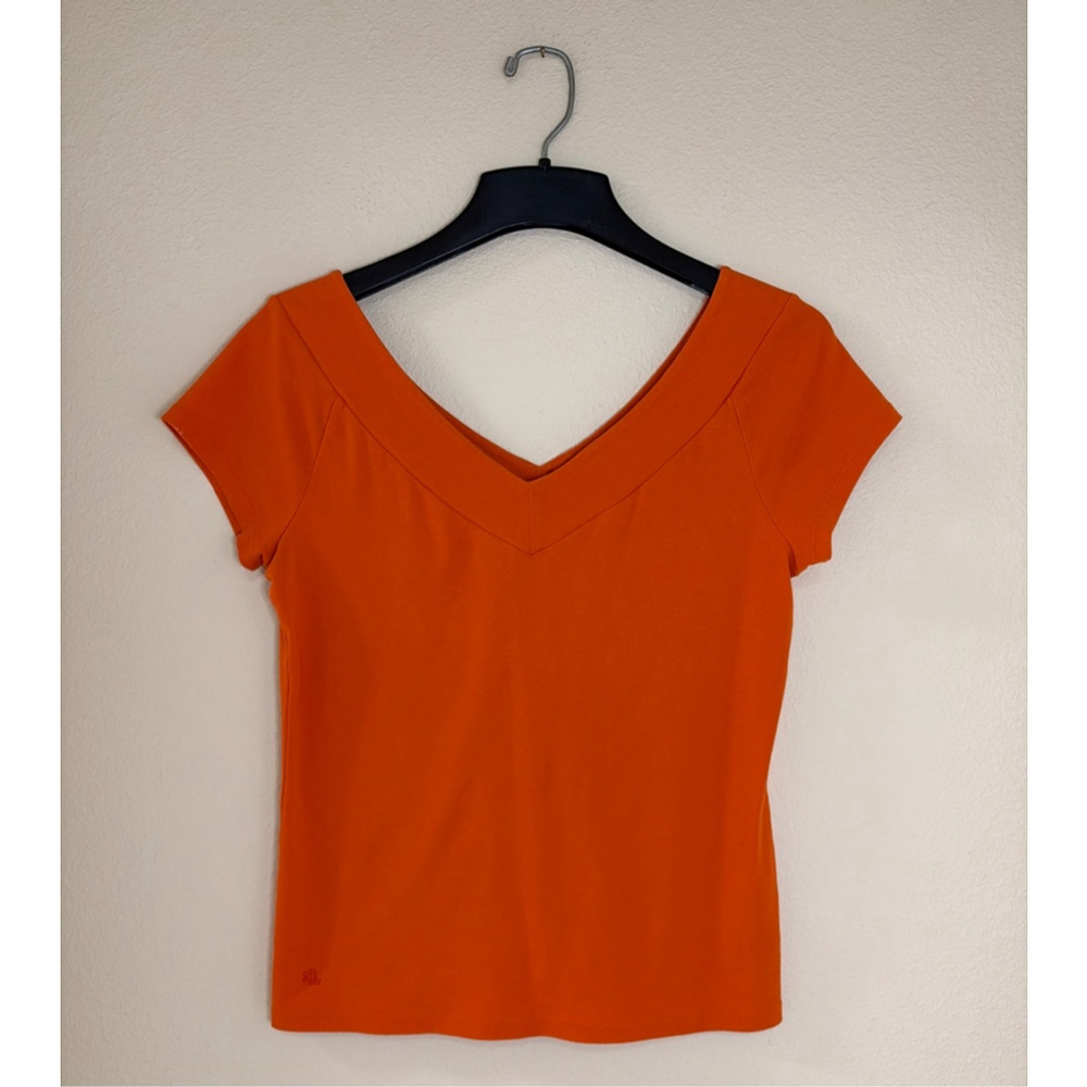 Lauren Ralph Lauren Women's Size L V-Neck Orange Short Sleeved Top